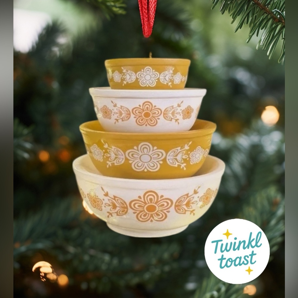 Vintage Pyrex inspired Stacked Bowl Ornament - butterfly gold by Twinkltoast